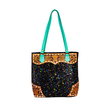 Myra Galaxy Fire Handtooled Shoulder Bag Black Sparkle Body with Aqua Leather Straps