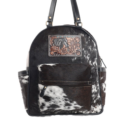 Myra My Vista Hairon Leather Backpack – Dual Handles, Floral Tooled Patch, Spacious Compartments