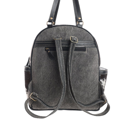 Myra My Vista Hairon Leather Backpack – Dual Handles, Floral Tooled Patch, Spacious Compartments