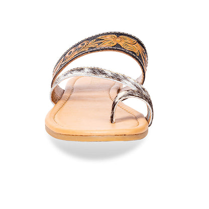 Myra Greta Lee Hair-On Leather Flip Flops for Women - Hand-Tooled Western Slippers with Flat Sole for Everyday Ease