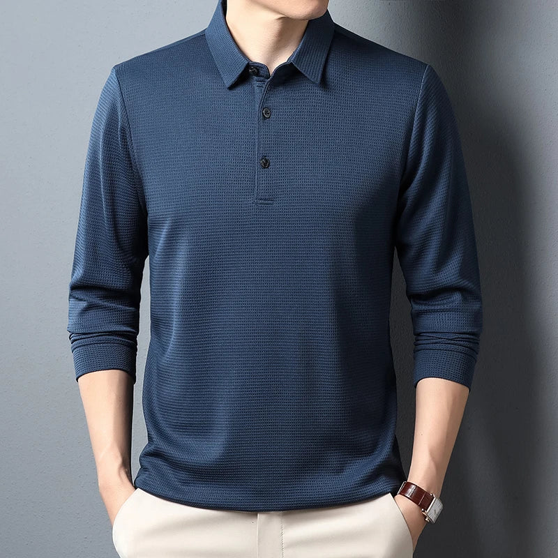 Men's Business Casual Long Sleeve Polo Shirt - Breathable Knit Polyester, Anti-Wrinkle