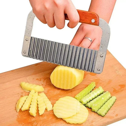 Stainless Steel Wavy Blade Potato Crinkle Cutter with Wooden Handle - Potato Chip Slicer & Vegetable Chopper