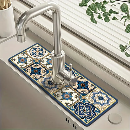 VIKAMA Premium Retro Pattern Kitchen Sink Splash Guard Faucet Mat Kitchen Countertop Absorbent Mat Bathroom Faucet Mat Drying Ma