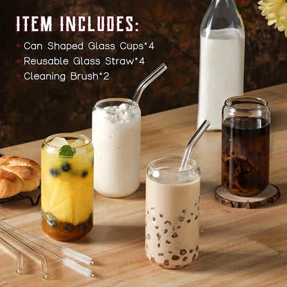 Drinking Glasses Cup with Glass Straw 4pcs Set Can Shaped For Beer Iced Coffee Whiskey Soda Tea Water with 2 Cleaning Brushes