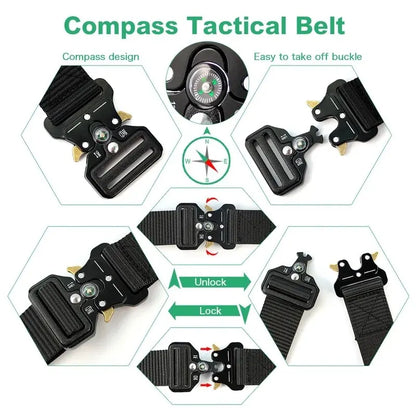 Unisex Tactical Nylon Canvas Belt with Compass, Durable Outdoor & Jeans Belt 1.5 in (3.8 cm) Wide