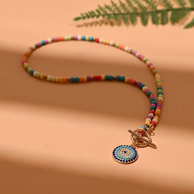 4mm Colorful Stone Choker Necklace for Women | Round Evil Charm Pendant