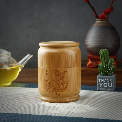 Handmade Bamboo Tea Storage Box Carved Tea Canister Lid Seal Kitchen Storage Jars Accessories Spice Box Case Organizer