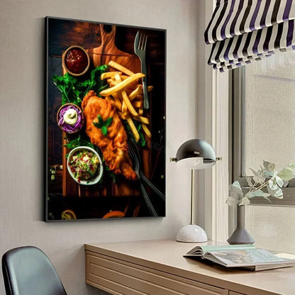 Chicken Food Burger French Fries Chicken Salmon Art Poster Canvas Painting Wall Print Living Room Home Restaurant Decor Poster