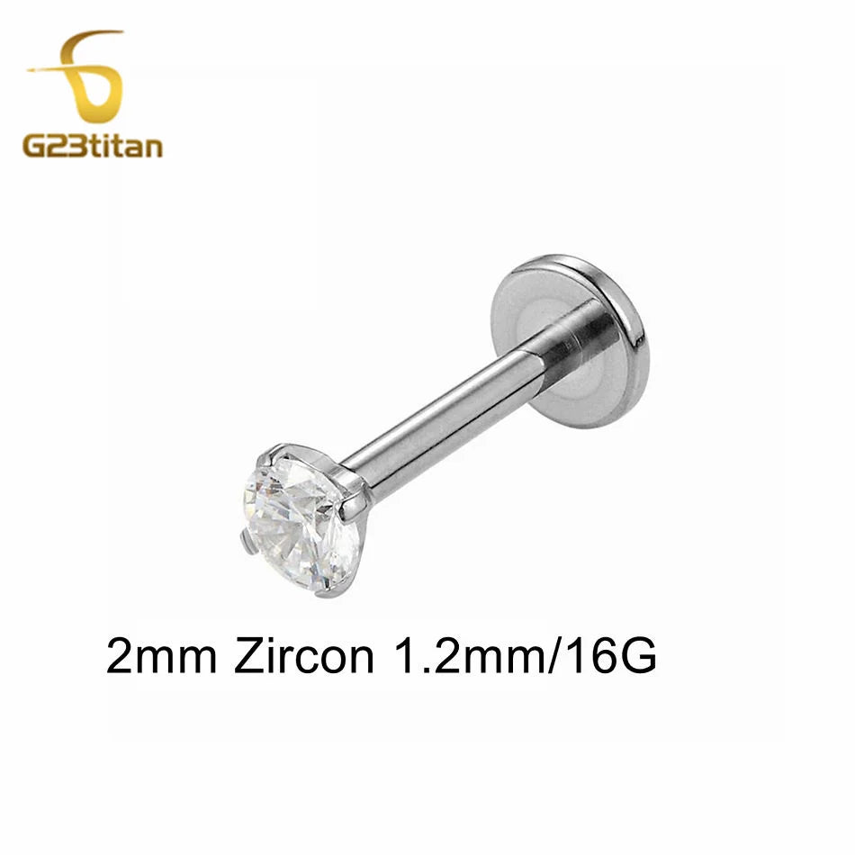 16G 18G Titanium Labret Stud Nose Ring | Zircon Internally Threaded Body Jewelry for Tragus and Helix