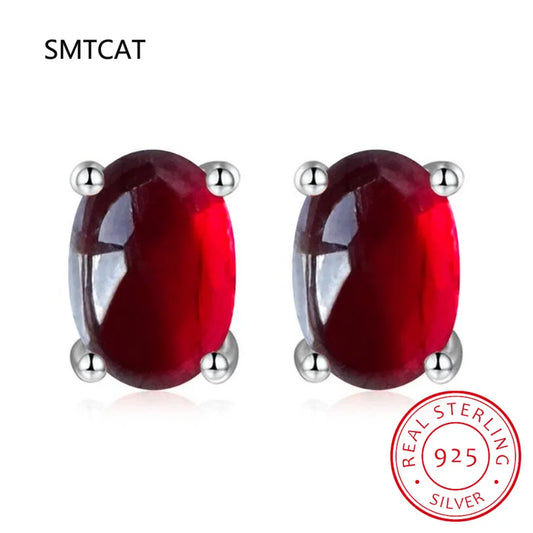 Oval Cut Red Garnet 925 Sterling Silver Stud Earrings | Women's Fashion Gemstone Jewelry