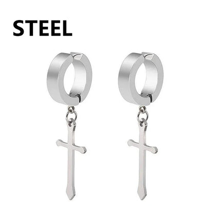 Stainless Steel Clip On Cross Earrings | Non Piercing Gothic Punk Jewelry for Men Women
