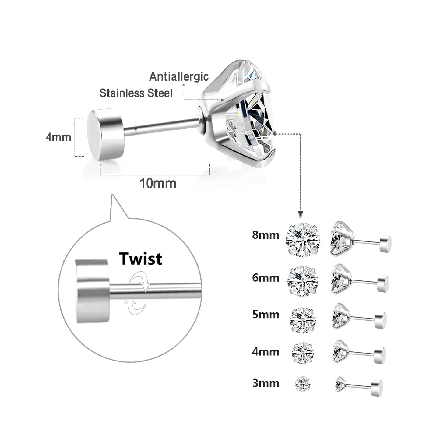 LUXUSTEEL Crystal Zircon Stud Earrings | Screw Back Round CZ Earrings for Men Women