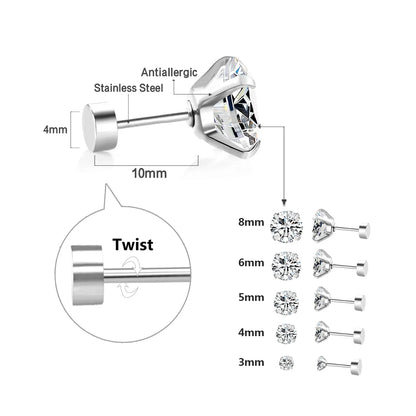 LUXUSTEEL Crystal Zircon Stud Earrings | Screw Back Round CZ Earrings for Men Women