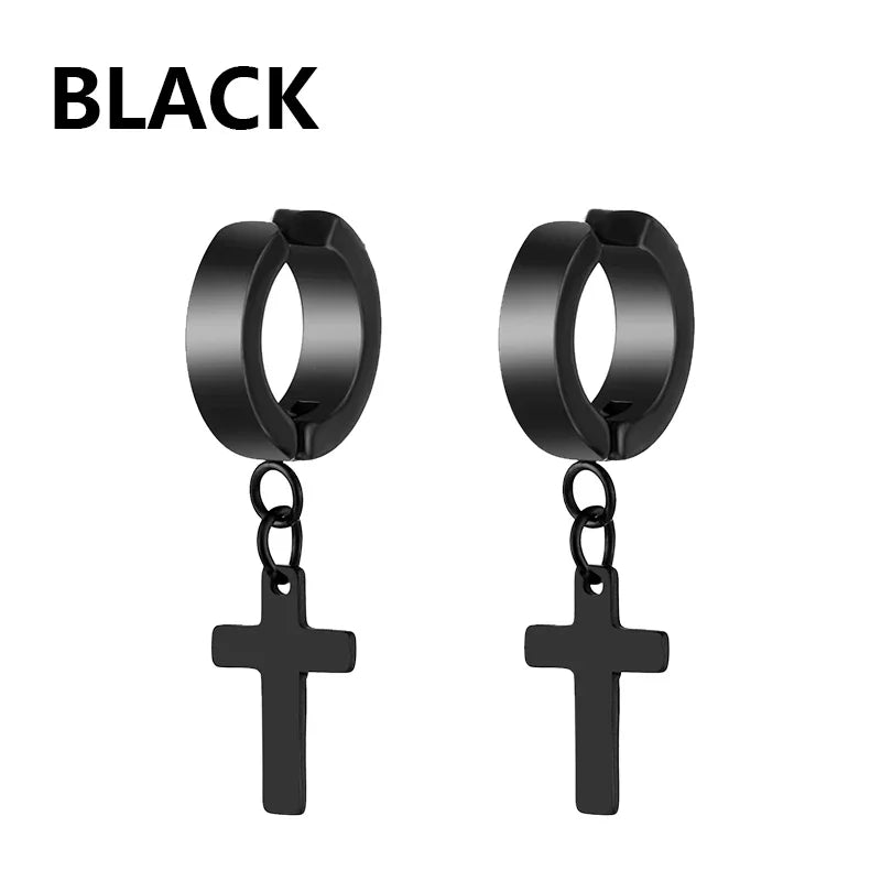 Stainless Steel Clip On Cross Earrings | Non Piercing Gothic Punk Jewelry for Men Women