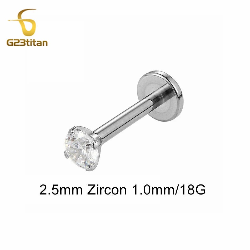 Titanium Labret Stud with Zircon Gem | Internally Threaded Body Jewelry