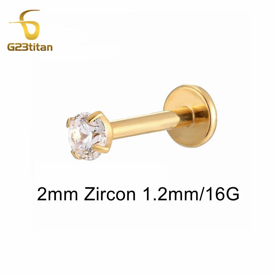 16G 18G Titanium Labret Stud Nose Ring | Zircon Internally Threaded Body Jewelry for Tragus and Helix