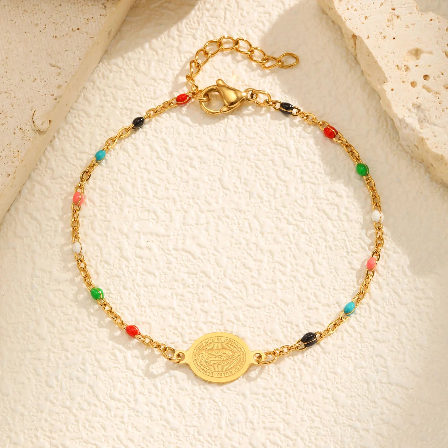 Bohemian Colored Virgin Oval Necklace | Gold Plated Stainless Steel Rosary Jewelry