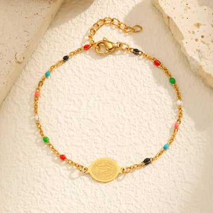 Bohemian Colored Virgin Oval Necklace | Gold Plated Stainless Steel Rosary Jewelry