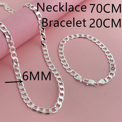 925 Sterling Silver 6mm Cuban Link Necklace and Bracelet Set | Unisex Classic Jewelry