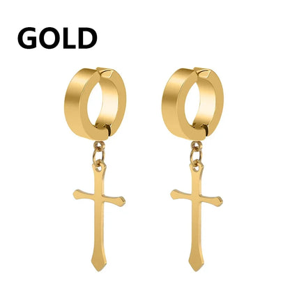 Stainless Steel Clip On Cross Earrings | Non Piercing Gothic Punk Jewelry for Men Women