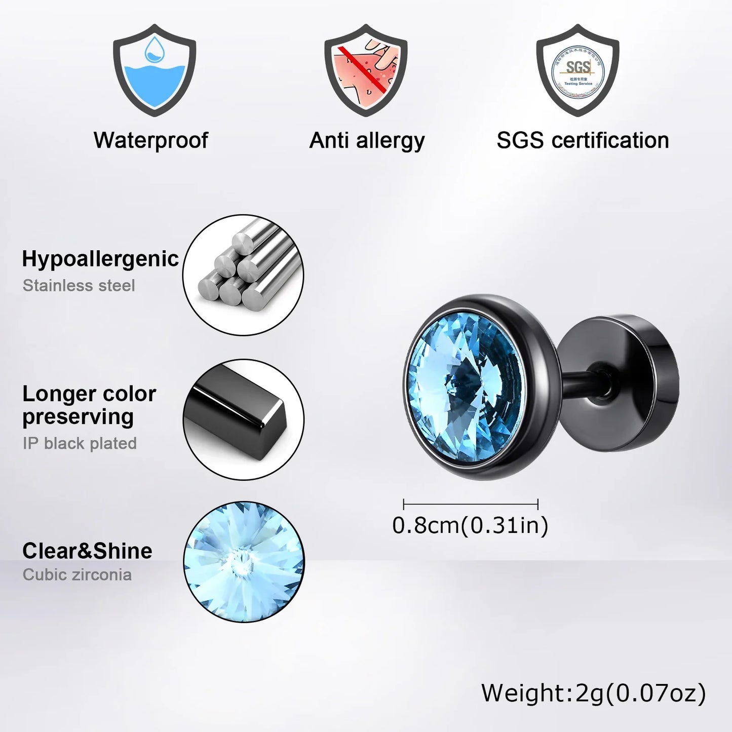 8mm Stainless Steel Screw Back Earrings for Men | Faceted Zircon Studs