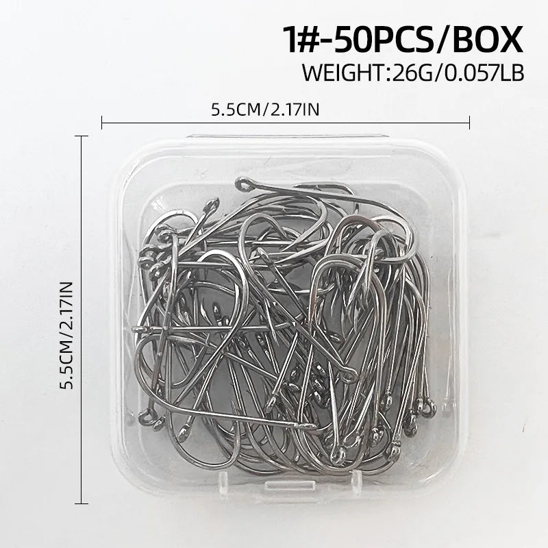 ShareShark 50-Piece High Carbon Steel Fishing Hooks with Barbed Curved Mouth | Long Shank Saltwater Hooks