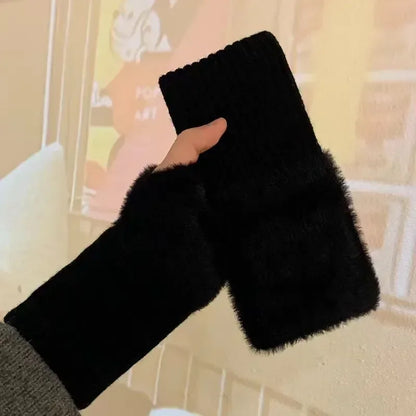Solid Color Plush Knitted Fingerless Gloves – Warm Half-Finger Winter Gloves for Women