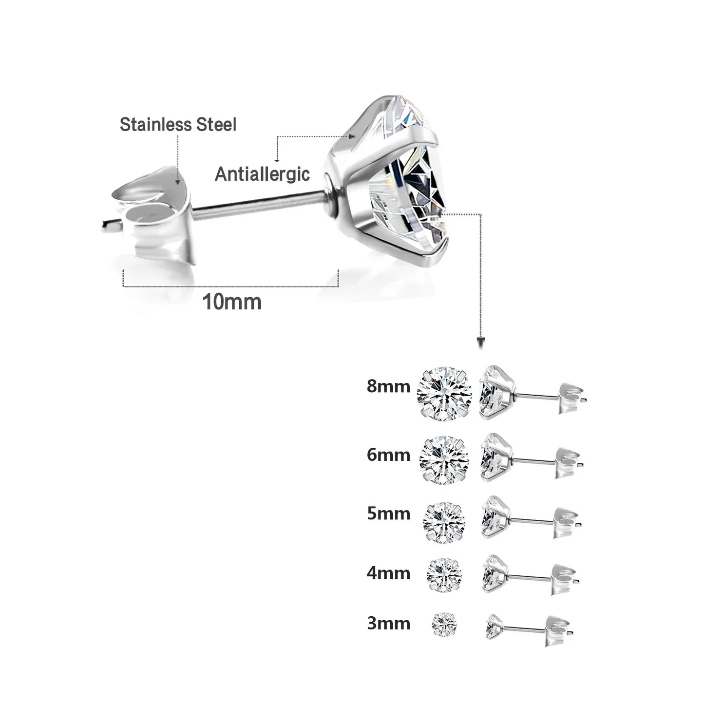 LUXUSTEEL Crystal Zircon Stud Earrings | Screw Back Round CZ Earrings for Men Women