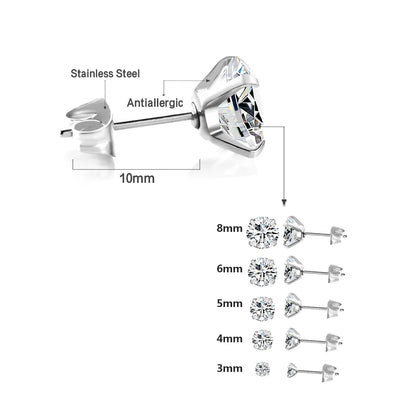 LUXUSTEEL Crystal Zircon Stud Earrings | Screw Back Round CZ Earrings for Men Women