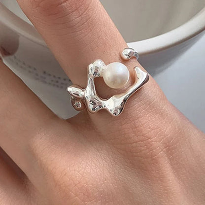 PANJBJ 925 Sterling Silver Pearl Irregular Ring | Women Shell Overlapping Hollow Sweet Design Jewelry