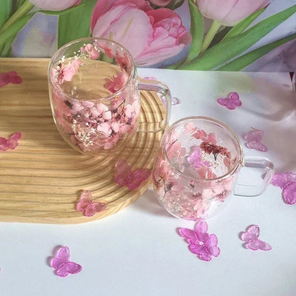 1pc Double-walled Glass Coffee Mug with Real Flower Design | Handcrafted Floral Glassware