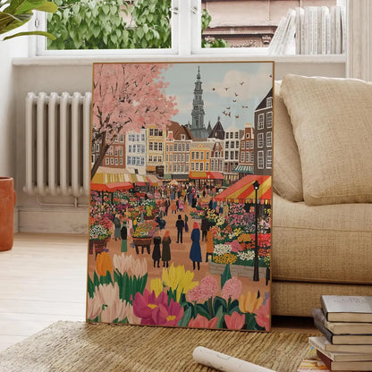 Flower market Amsterdam Watercolor Painting,Amsterdam Wall Art,Amsterdam Canals Print,Netherlands Travel Print, City Poster,Birt