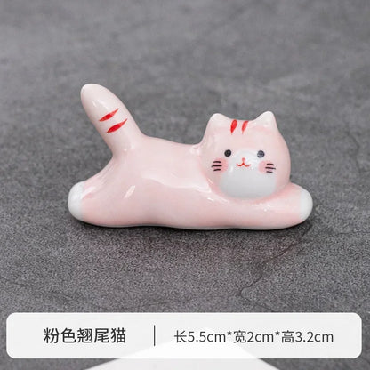 Japanese Style Underglaze Ceramic Cute Cat Chopstick Holder Tableware Restaurant Simple Oval Spoon Bracket Utensil for Kitchen
