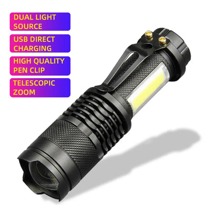 Mini XPE COB LED Flashlight | Rechargeable Dual Light Source for Hiking Camping and Fishing