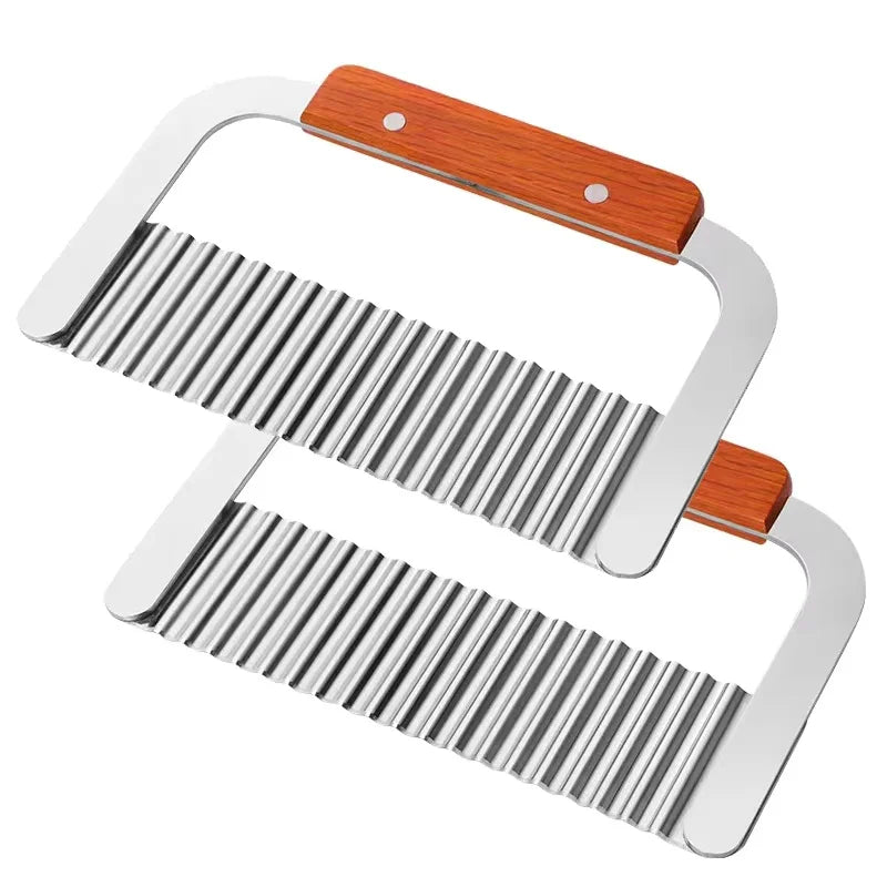 Stainless Steel Wavy Blade Potato Crinkle Cutter with Wooden Handle - Potato Chip Slicer & Vegetable Chopper