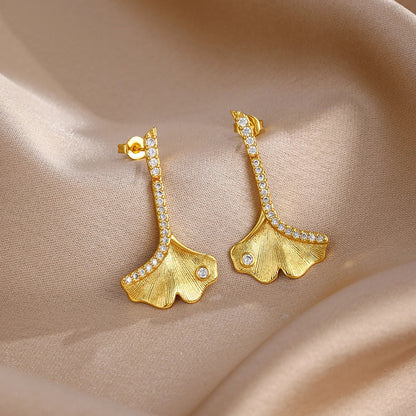 2026 New Fashion Hoop Earrings Set for Women | Ginkgo Leaf Enamel Flower Stud, Cute Crown Heart Zircon Earrings