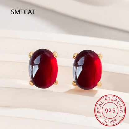 Oval Cut Red Garnet 925 Sterling Silver Stud Earrings | Women's Fashion Gemstone Jewelry
