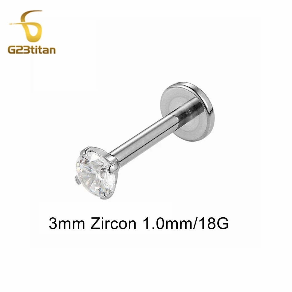 16G 18G Titanium Labret Stud Nose Ring | Zircon Internally Threaded Body Jewelry for Tragus and Helix