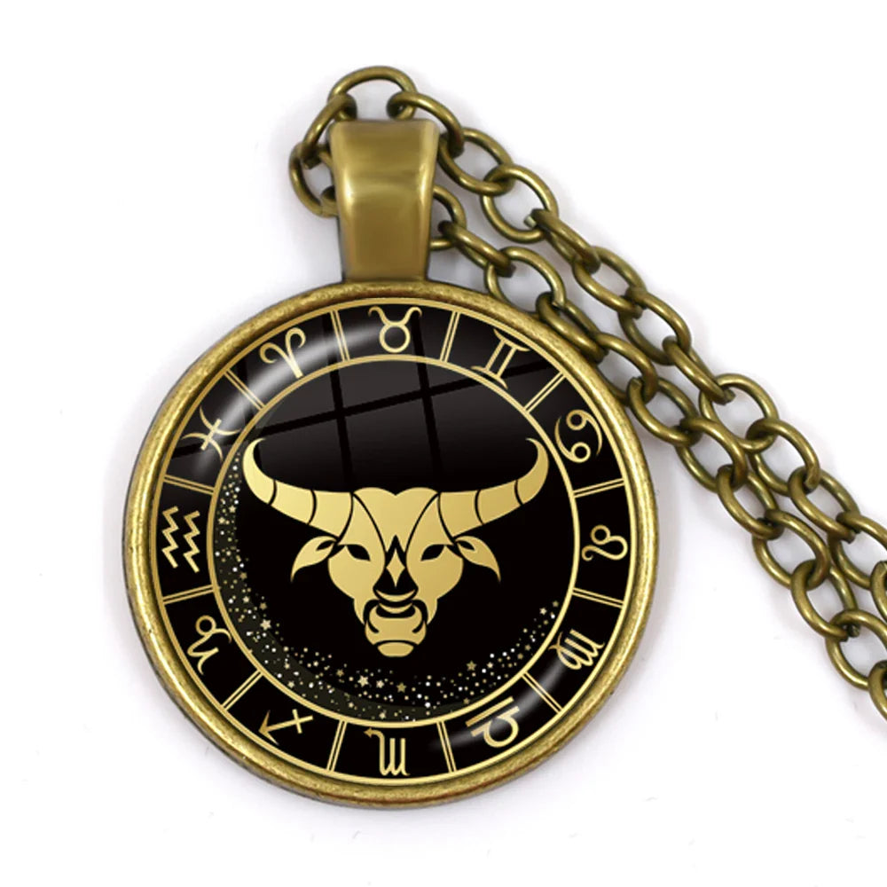 12 Constellation Zodiac Pendant Necklace | Antique Bronze Glass Dome Jewelry