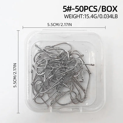 ShareShark 50-Piece High Carbon Steel Fishing Hooks with Barbed Curved Mouth | Long Shank Saltwater Hooks
