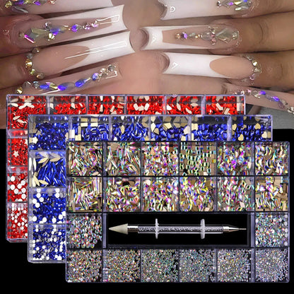 21 Grid Nail Art Rhinestone Set - Multi-Style Flat Bottom Glass Diamonds
