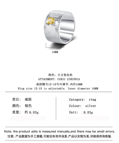 Real 925 Sterling Silver Square Citrine Gemstone Frosted Wide Opening Ring | Women Wedding Party Fine Jewelry