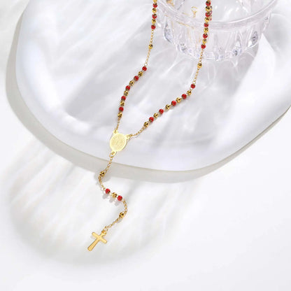 Colored Bead Y-Shaped Cross Necklace | Stainless Steel Catholic Rosary Jewelry for Women