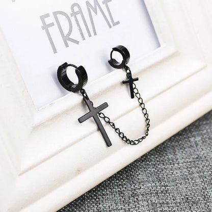 Punk Cross Pendant Clip Earring | Unisex Metal Chain Tassel Ear Cuff