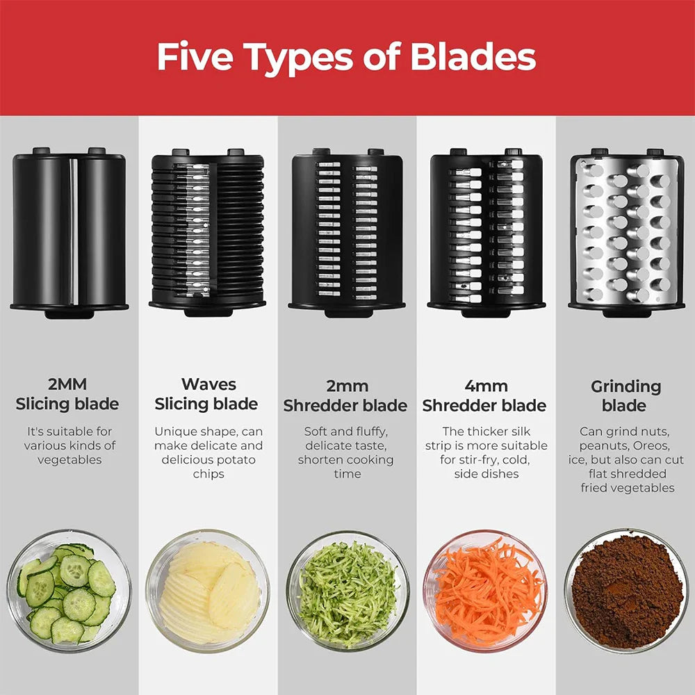 250W 5-in-1 Electric Vegetable Slicer Shredder Salad Shooter Cheese Grater Cutter for Carrot Cabbage Potato