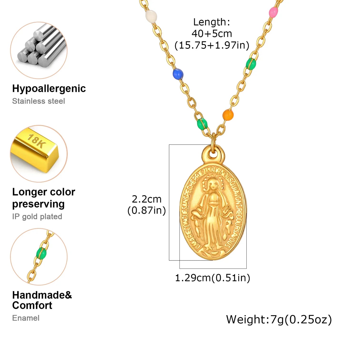 Bohemian Colored Virgin Oval Necklace | Gold Plated Stainless Steel Rosary Jewelry
