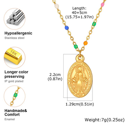 Bohemian Colored Virgin Oval Necklace | Gold Plated Stainless Steel Rosary Jewelry
