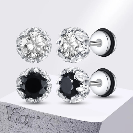 Unisex Black Onyx Screw Stud Earrings | Stainless Steel Retro Earrings for Men and Women