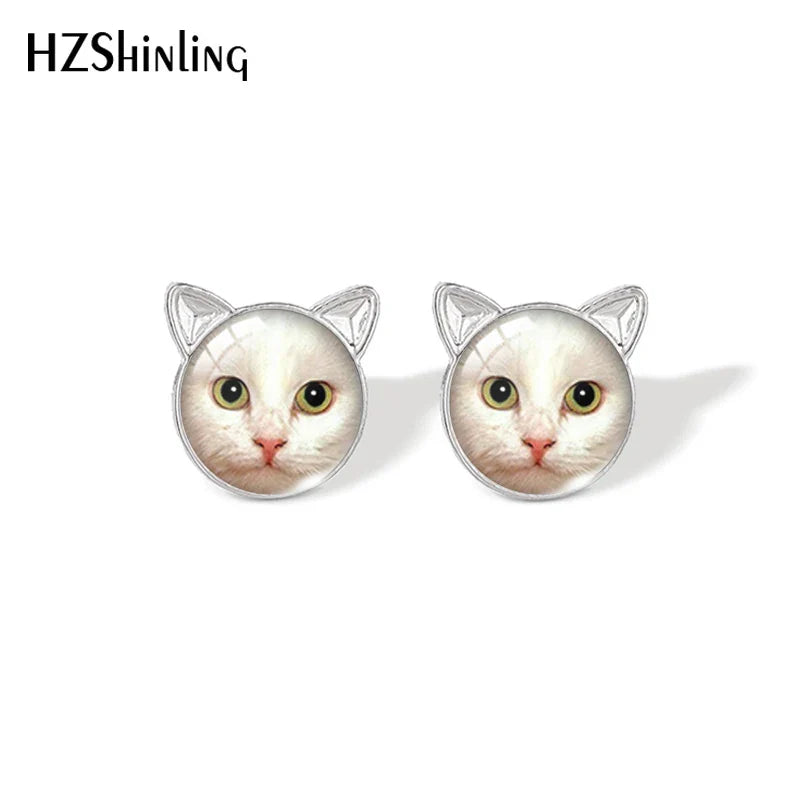 Lovely Cat Face Stud Earrings | Handmade Glass Dome Photo Printed Jewelry for Women