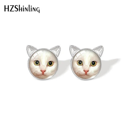 Lovely Cat Face Stud Earrings | Handmade Glass Dome Photo Printed Jewelry for Women